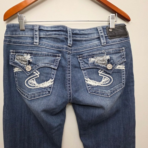 Silver‎ Pioneer Jeans Women's Boot Cut Dark Wash Denim Embellished Pockets 30/33 - Picture 6 of 14